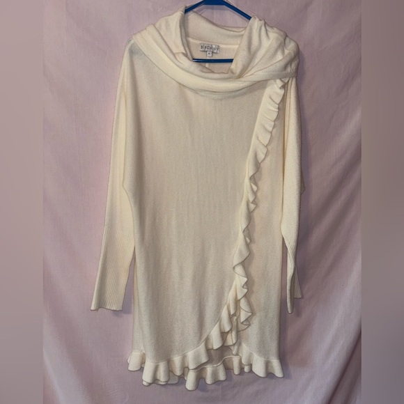 Cream Cowl Neck Sweater with Asymmetrical Ruffle - Picture 1 of 13